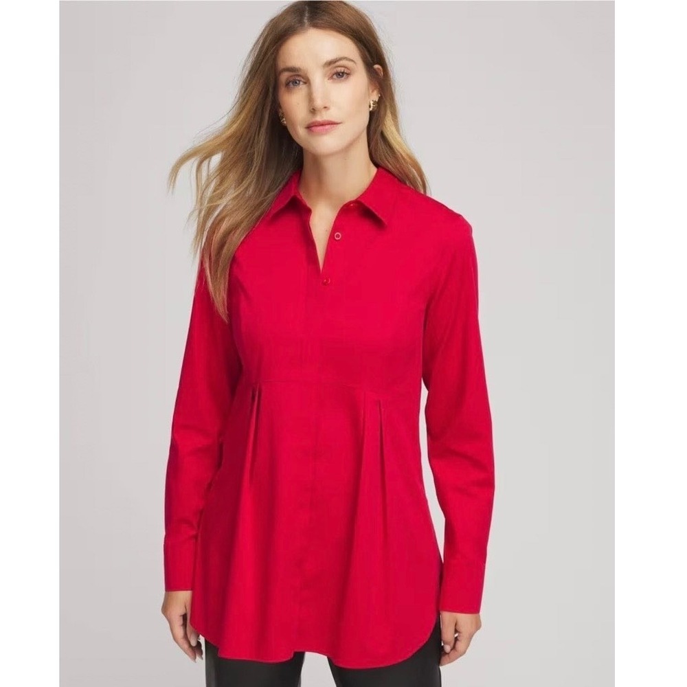 NEW Chico's 2 Peplum Pleated Shirt Red Long Sleeve Button Up Women's 12 FLAW